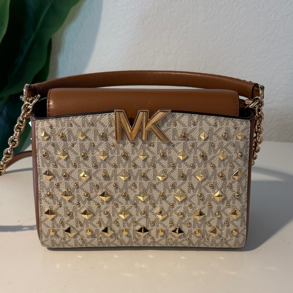 Michael Kors Gold and Tan Studded Crossbody Bag